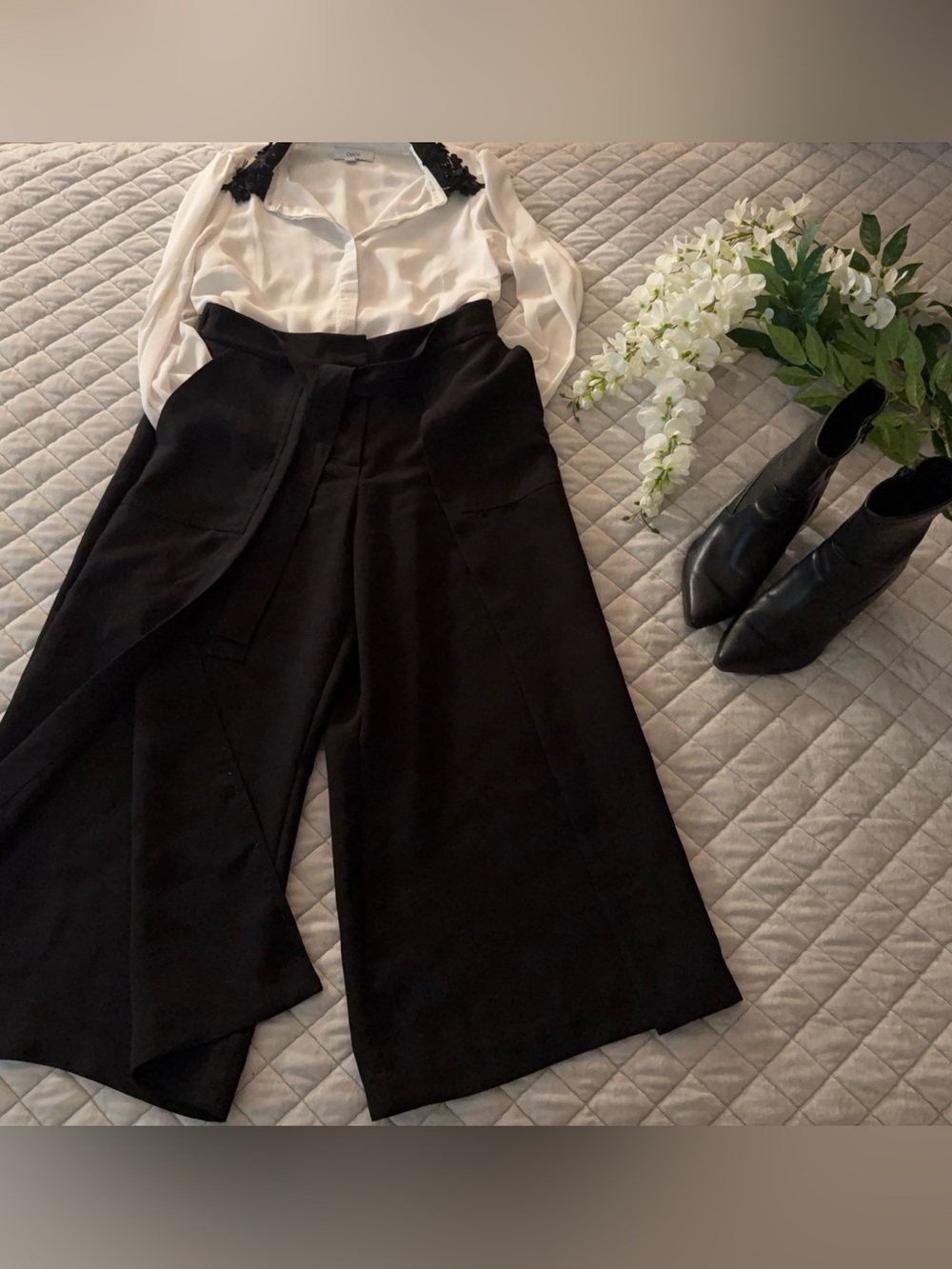CeCe Black High-Rise Front-Slit Tie-Waist Pants Size 12